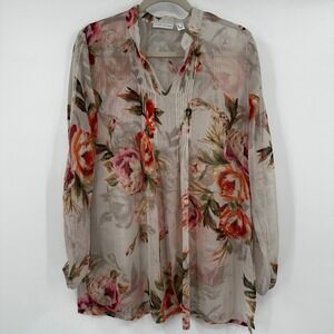 Susan Graver Floral Pintuck Sheer Tunic Blouse Flowy Lightweight Trim Medium